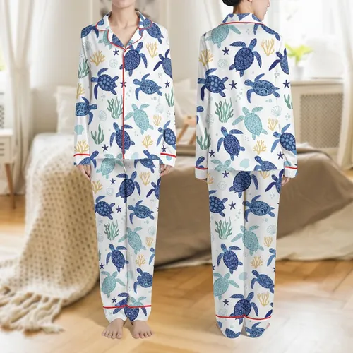 Women's Hand-Drawn Indigo Aqua Blue Sea Turtle, Starfish & Coral Ocean Pattern Satin Pajamas Set