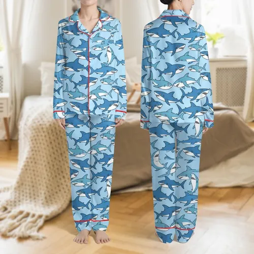 Women's Playful Cartoony Shark School Seamless Repeat Pattern with Cerulean Aqua Blue Tones Satin Pajamas Set