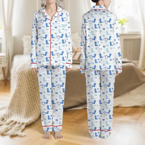 Women's Whimsical Pastel & Vibrant Blue Cowboy Boot Lasso Bow Star Floral Seamless Pattern Satin Pajamas Set