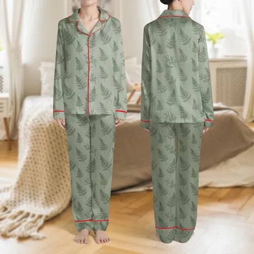 Nature Lovers' Elegant Minimalist Sage Green Tone-on-Tone Fern Fronds Seamless Pattern Satin Pajamas Set
