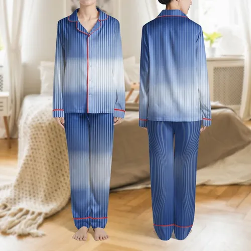 Women's Crisp Abstract Vertical Color Field Deep Royal Muted Blue White Satin Pajamas Set