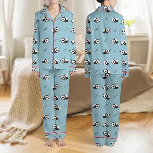 Women's Cute Sleeping Baby Panda Pattern, Serene Light Blue White Black Cartoon 2D Art with Zzz Symbols Satin Pajamas Set
