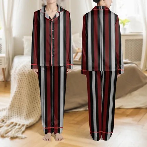Women's Minimalist Geometric Varying Ribbed Black Burgundy Light Grey Stripes Satin Pajamas Set