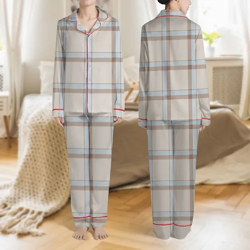 Women's Soft Greige Flat Geometric Tartan Muted Brown Blue Cross-Hatch Pattern Satin Pajamas Set