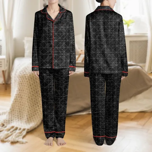 Women's Sleek Modern Abstract Geometric Intersecting Line Pattern with Deep Black and Metallic Silver Accents Satin Pajamas Set