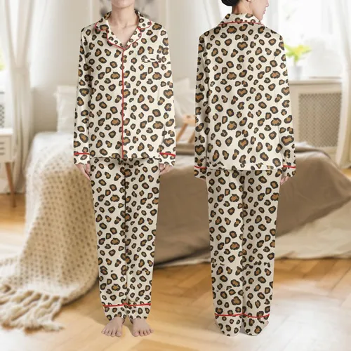 Women's Organic Leopard Spot Pattern in Charcoal Brown & Warm Medium Brown on Creamy Beige Satin Pajamas Set