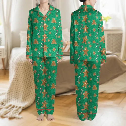 Women's Emerald Green Whimsical Gingerbread Men Candy Cane Star Cookie Filigree Pattern Satin Pajamas Set