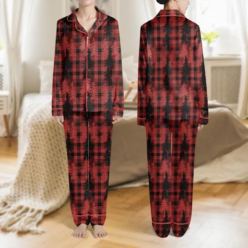 Women's Red Black Maroon Buffalo Plaid Geometric Pine Mountain Pattern Satin Pajamas Set
