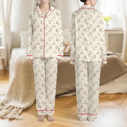 Women's Delicate Hand-Drawn Wild Rose Sprig Deep Maroon Berry & Muted Slate Blue Leaf Pattern Satin Pajamas Set