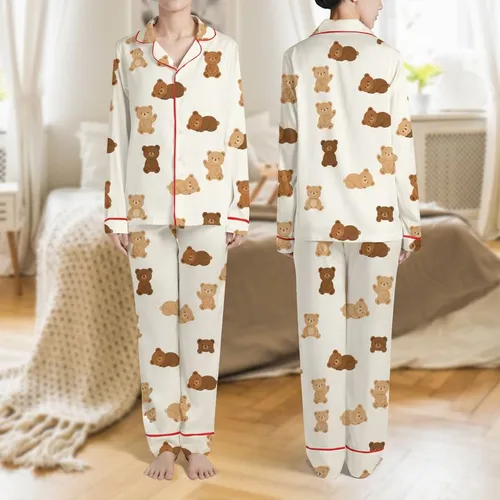 Women's Whimsical Creamy Off-White & Brown Teddy Bear Playful Poses Pattern Satin Pajamas Set