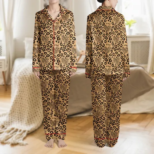 Women's Seamless Warm Tan Leopard Pattern with Repeating Brown Hearts & Black 'be kind' Script Satin Pajamas Set