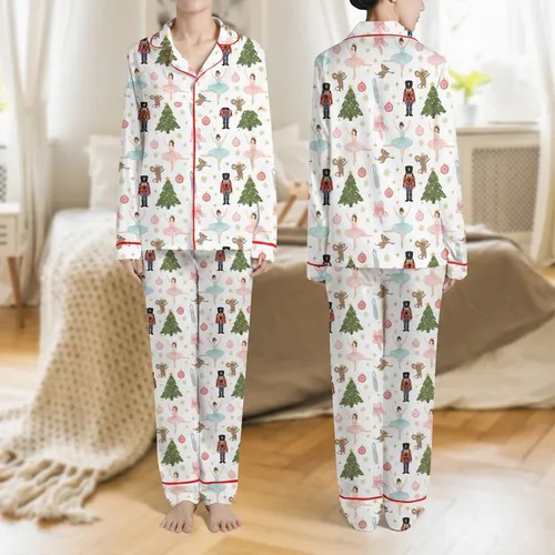 Women's Whimsical Nutcracker Ballet Christmas Pattern featuring Red Soldiers, Pink Ballerinas & Gold Stars Satin Pajamas Set