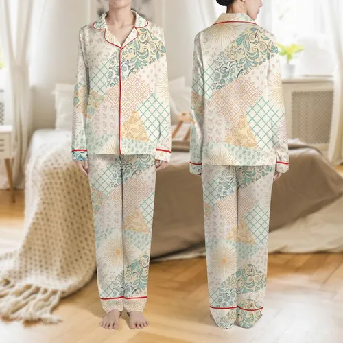 Women's Soft Pastel Eclectic Patchwork Quilted Effect Ditsy Floral & Paisley Design Satin Pajamas Set