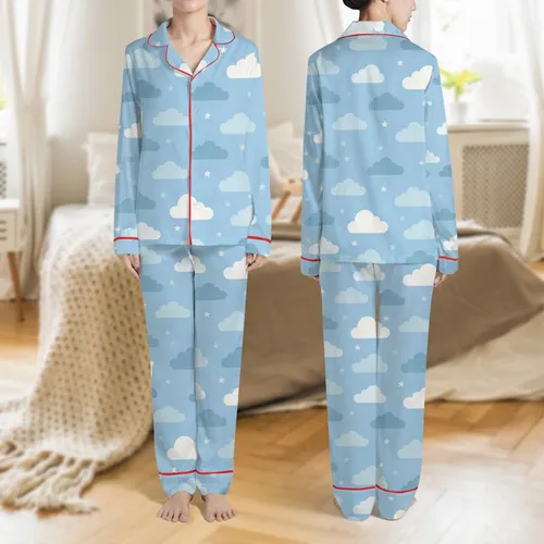Dreamers' Sky Blue Whimsical Cloud Pastel Star Flat Graphic Pattern Satin Pajamas Set