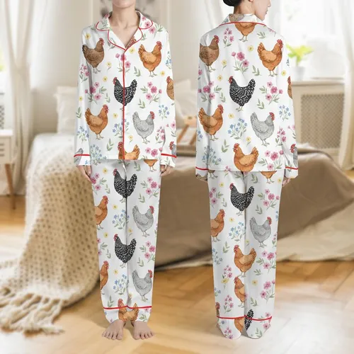 Women's Charming Watercolor Farm Chickens & Hens with Rustic Brown, Orange, Grey Plumage, Fuchsia & Yellow Wildflowers on White Satin Pajamas Set