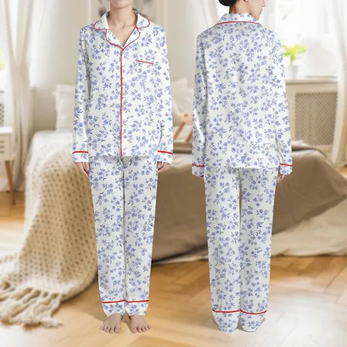 Women's Delicate Hand-Drawn Sky Blue & Navy Wildflower Botanical Pattern Satin Pajamas Set
