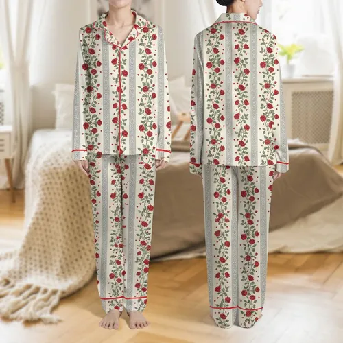 Women's Vintage Pale Ivory Illustrative Red Rose & Charcoal Lattice Stripes Satin Pajamas Set