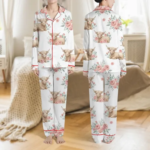 Animal Lovers' Whimsical Highland Cow & Rose Floral Rustic Watercolor Pattern with Soft Pinks, Sage, & Browns on White Satin Pajamas Set