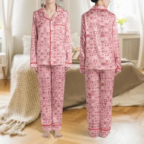 Women's Sweet Pastel Pink Monochromatic Seamless Interlocking Shapes with Layered Flat Hearts Satin Pajamas Set
