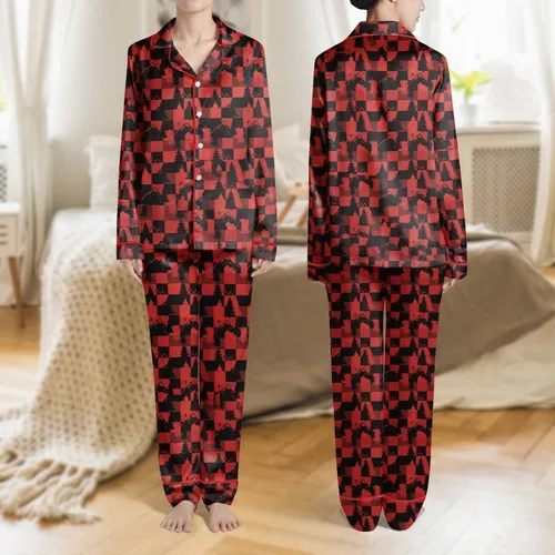 Women's Vibrant Red Black Buffalo Plaid Pine Tree Mountain Geometric Pattern Satin Pajamas Set