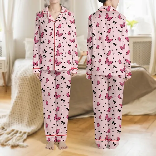 Women's Cute Illustrative Pastel Pink Hot Pink Butterfly Black Bow Heart Scatter Pattern Satin Pajamas Set