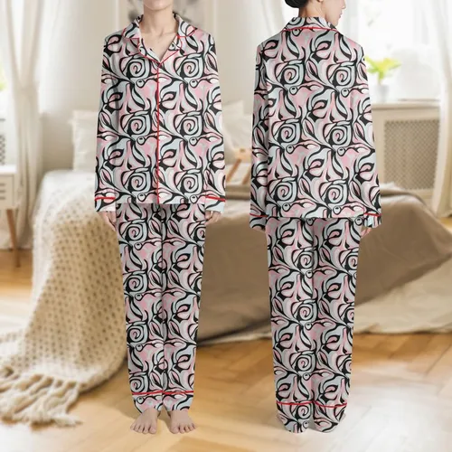 Women's Elegant Fluid Abstract Pastel Pink Silvery Blue-Grey Botanical Motif Satin Pajamas Set