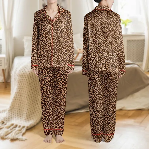 Women's Warm Sandy Beige Organic Leopard Spot Chocolate Brown Naturalistic Print Satin Pajamas Set