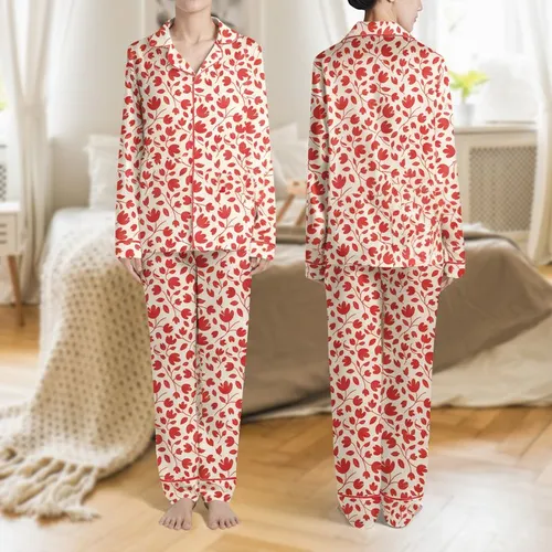 Women's Scarlet Red Cream Elegant Abstract Floral Blooms Pattern Satin Pajamas Set