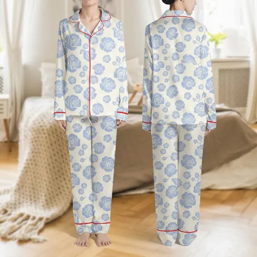 Women's Muted Light Periwinkle Blue Soft-Edged Rose Bloom Painterly Abstract Floral Pattern Satin Pajamas Set