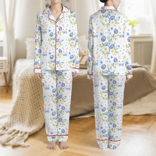 Family Easter Celebrators Illustrative White Bunny Pink Ear Periwinkle Bow, Blue Chinoiserie Egg, White Daisy, Sage Green Leaf Pattern Satin Pajamas Set