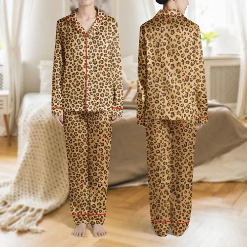 Women's Seamless Organic Leopard Spot Pattern, Warm Tan & Rich Brown Hues Satin Pajamas Set