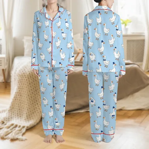 Whimsical Geese Admirers' Light Sky Blue Illustrative Geese Pattern with Royal Blue Bow Ties & Fedoras Satin Pajamas Set