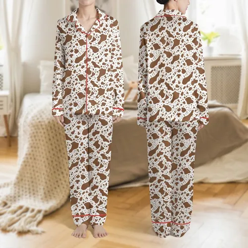 Women's Modern Dark Brown & Pure White Organic Bovine Speckle Pattern Satin Pajamas Set