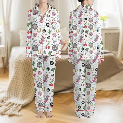 Women's White Lucky Charm Whimsical Pattern: Disco Dice Cards Hearts Stars & Cacti Satin Pajamas Set