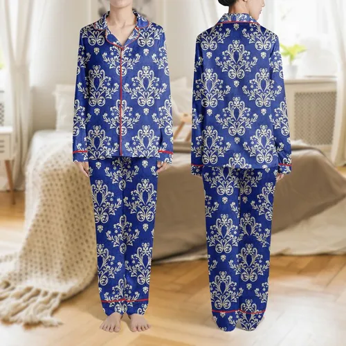 Women's Luxurious Deep Royal Blue Cream Baroque Lace Floral Vine Pattern Satin Pajamas Set
