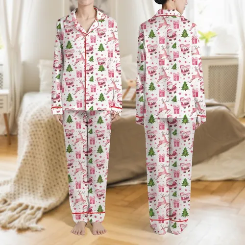 Women's Dreamy Watercolor Santa Deer Gift Box Tree Fuchsia Rose Pink Star Pattern Satin Pajamas Set