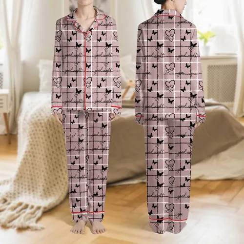 Women's Dusty Rose Pink Subtle Plaid Hearts Butterflies Good Night Script Design Satin Pajamas Set