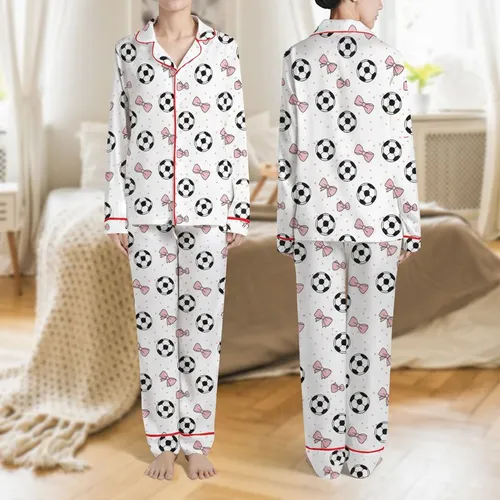 Women's White Base Playful Scattered Soccer Ball Light Pink Bow & Polka Dot Pattern Satin Pajamas Set