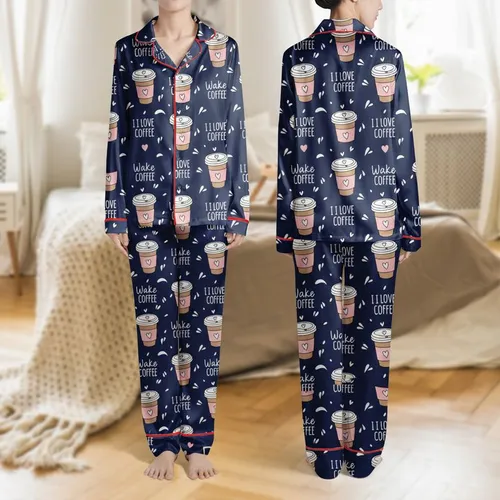Coffee Lovers' Deep Navy Blue Hand-Drawn Cartoon Coffee Cup Pattern with Pink Sleeves, White Hearts, 'I LOVE COFFEE' & 'Wake Up' Text Satin Pajamas Set