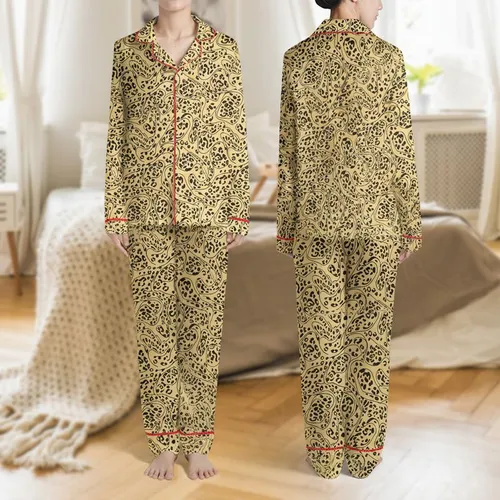Women's Sophisticated Abstract Flowing Leopard Spot Tan Black Golden Beige Organic Pattern Satin Pajamas Set