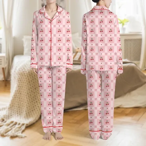 Women's Light Pastel Pink Gingham Check with Scattered Red Cherry & Pale Pink Heart Pattern Satin Pajamas Set