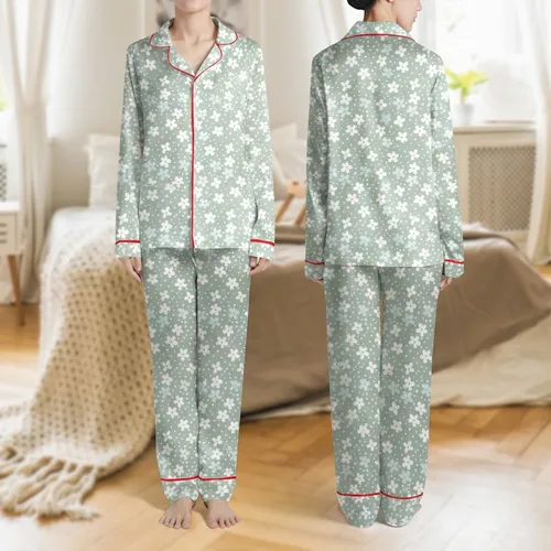 Women's Delicate White Baby Blue Floral, Blush Pink Centers, Sage Green, Micro Polka Dots, Hand-Drawn Quaint Style Satin Pajamas Set
