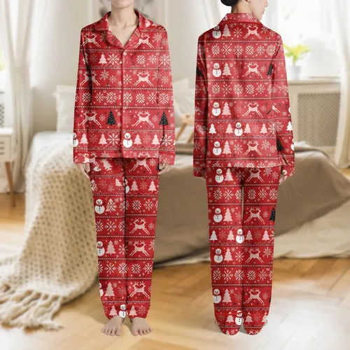 Women's Vibrant Scarlet Red White Blush Pink Charcoal Black Nordic Fair Isle Christmas Reindeer Snowman Snowflake Satin Pajamas Set