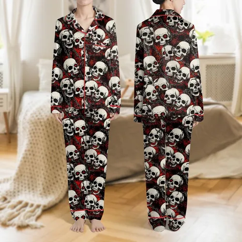 Alternative Style Apparel Dark Graphic Black Red White Stylized Skulls & Vines Grunge Pattern Satin Pajamas Set