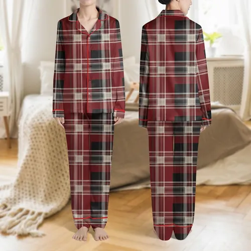 Modern Women's Intricate Geometric Plaid Black Crimson Red White Slate Grey Grid Pattern Satin Pajamas Set