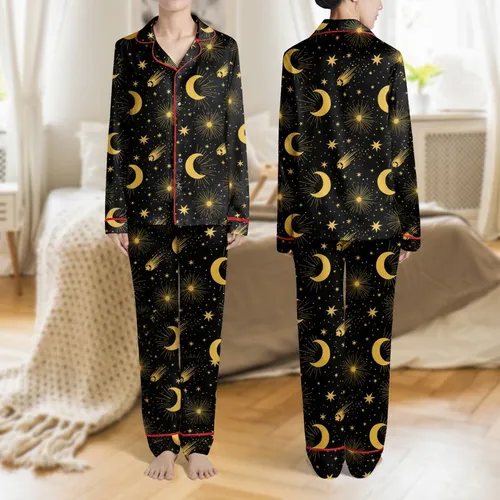 Women's Whimsical Golden Yellow Crescent Moons & Starbursts on Deep Black Graphic Satin Pajamas Set