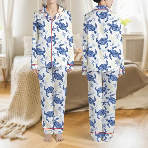 Women's Stylized Cobalt Blue Sea Turtle Mosaic & Cream Coral Reef Illustrative Pattern Satin Pajamas Set