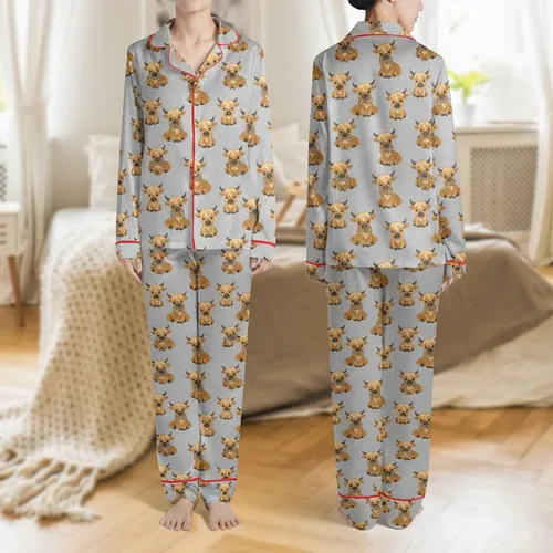 Women's Heather Grey Cute Illustrative Baby Highland Cow Pattern with Golden Fur & Leopard Bows Satin Pajamas Set