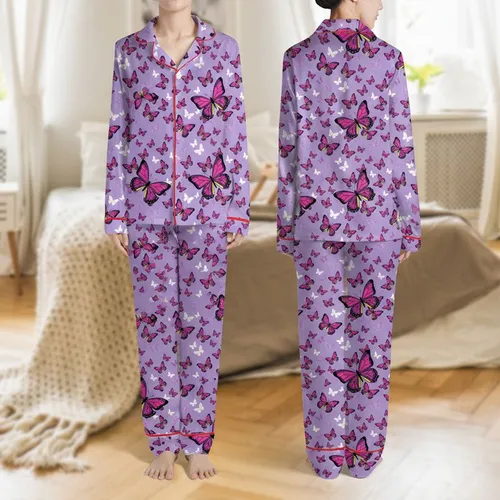Women's Whimsical Lavender Violet Magenta Lime Green Illustrative Butterfly Scattered Pattern Vector Art Satin Pajamas Set