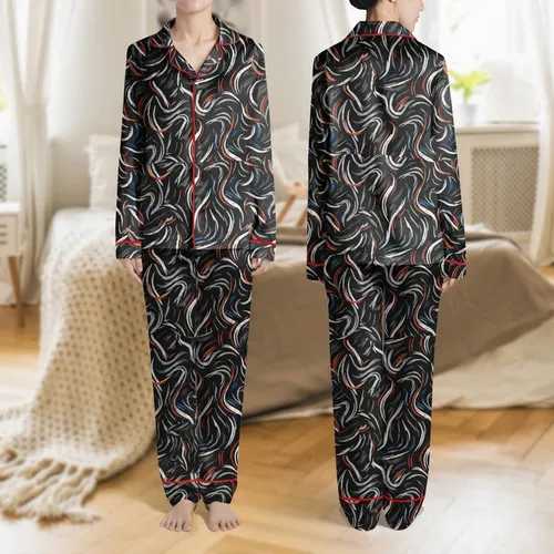 Women's Intertwined Organic Abstract Thermal Texture Charcoal Black Grey Fiery Orange Red Blue Swirl Satin Pajamas Set